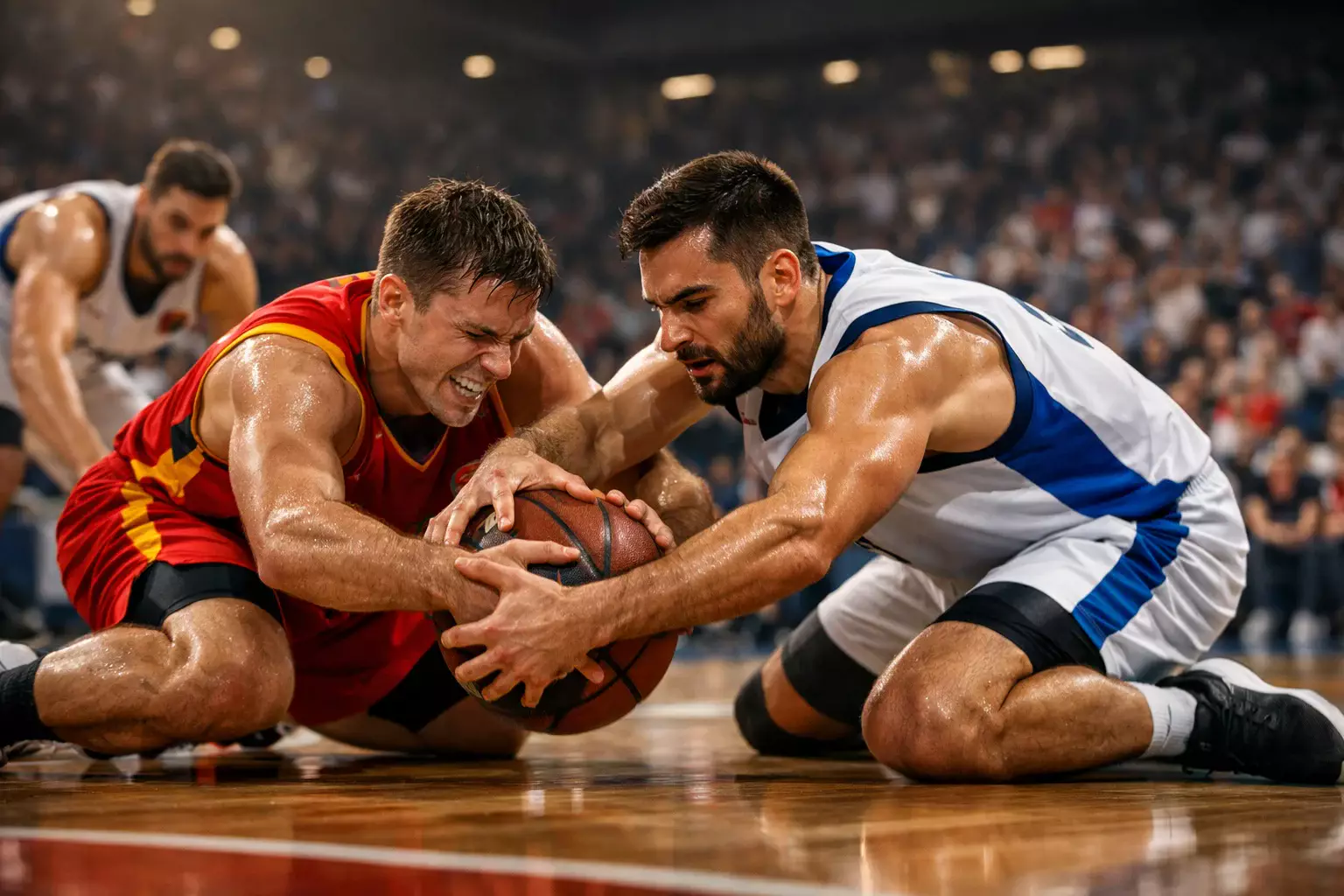 Partido de baloncesto de la Liga ACB con jugadores disputando el balón en pabellón español