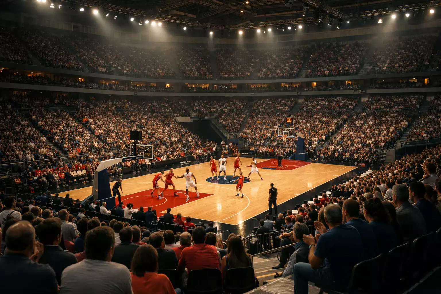 Pabellón de baloncesto español lleno de aficionados animando durante un partido ACB