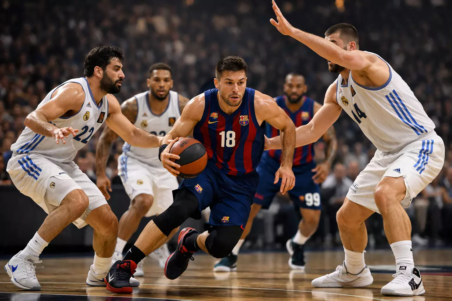 Jugadores de Real Madrid y Barcelona Basket en un clásico del baloncesto español