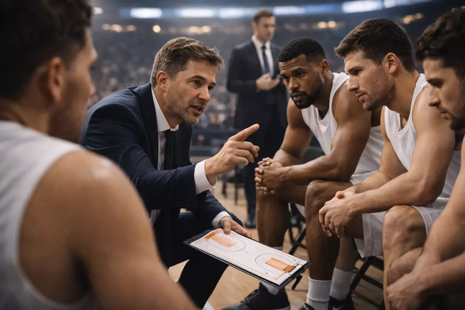 Entrenador de baloncesto ACB dando instrucciones a sus jugadores durante un tiempo muerto