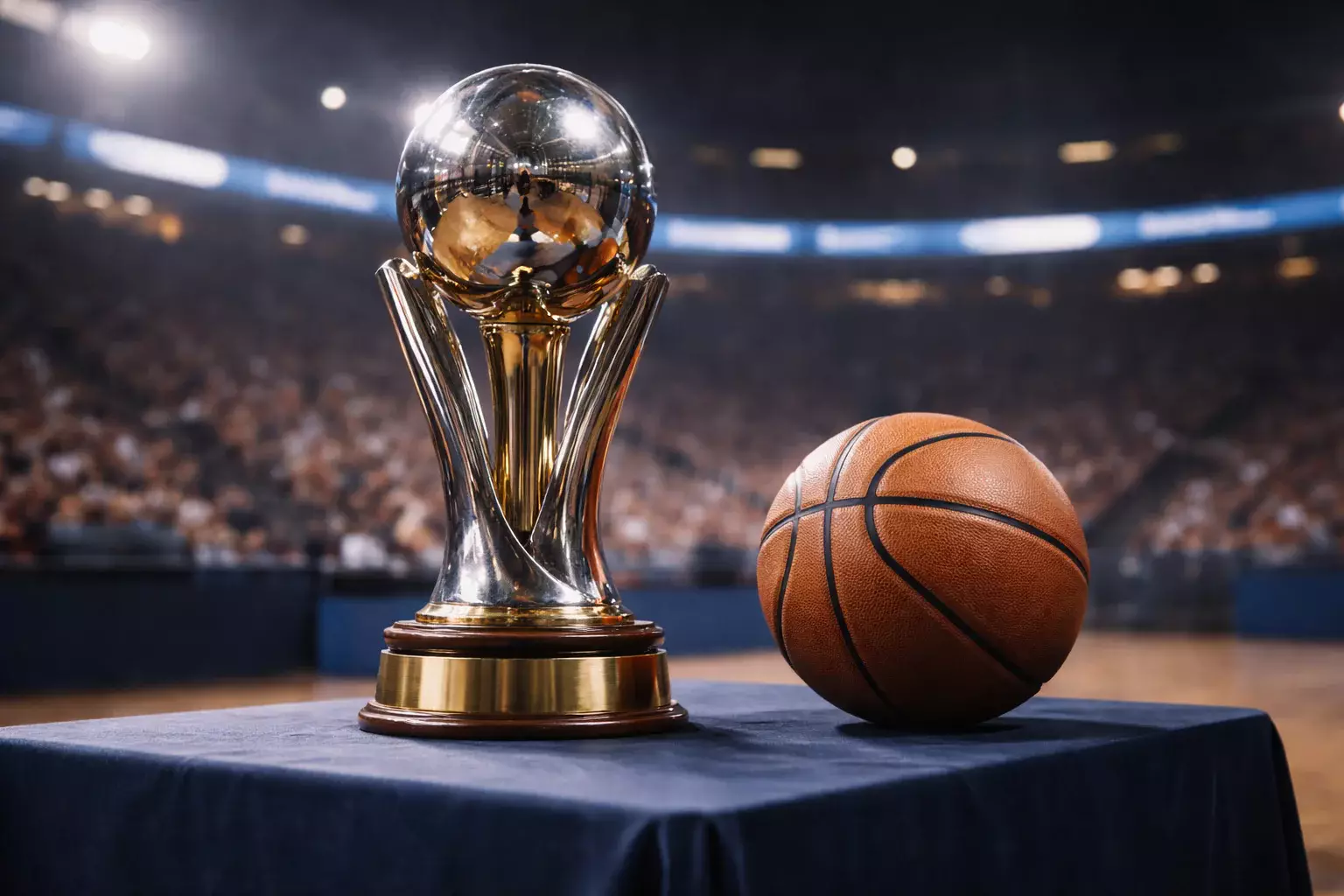Trofeo de la Liga Endesa junto a un balón de baloncesto en una mesa de premiación