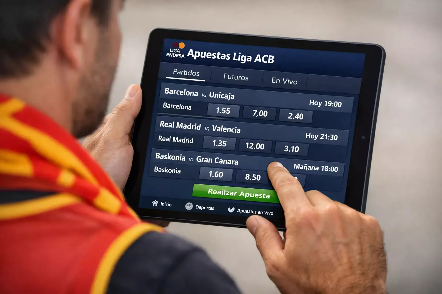 Aficionado español consultando cuotas de apuestas de baloncesto en su tablet