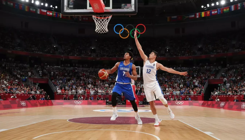 Partido de baloncesto olímpico en un pabellón con los aros olímpicos visibles y ambiente internacional