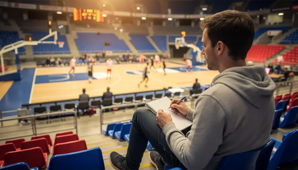 Aficionado al baloncesto analizando varios partidos en un bloc de notas junto a una cancha