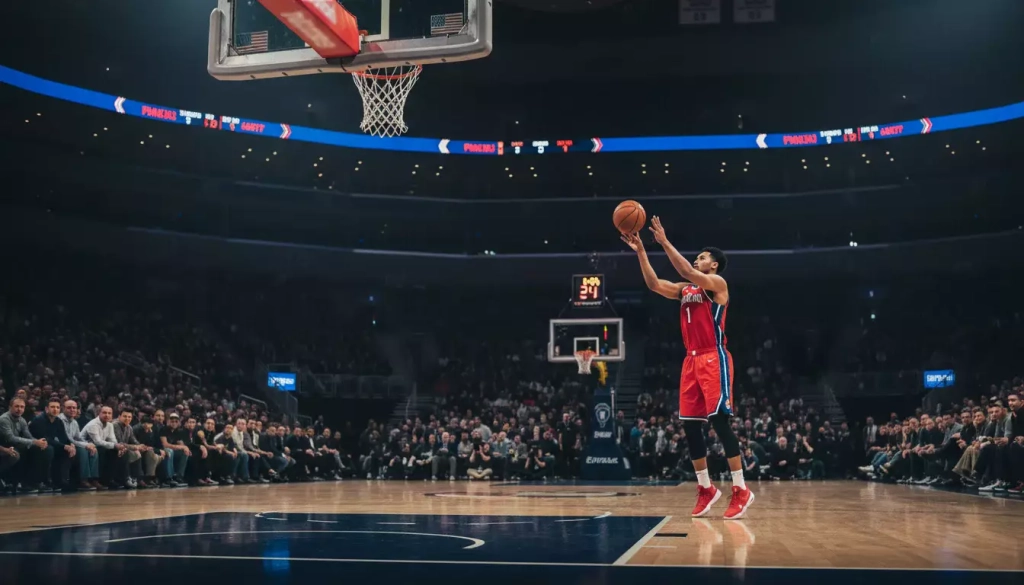 Momento decisivo en un partido de Copa del Rey de baloncesto con la grada llena y ambiente de final