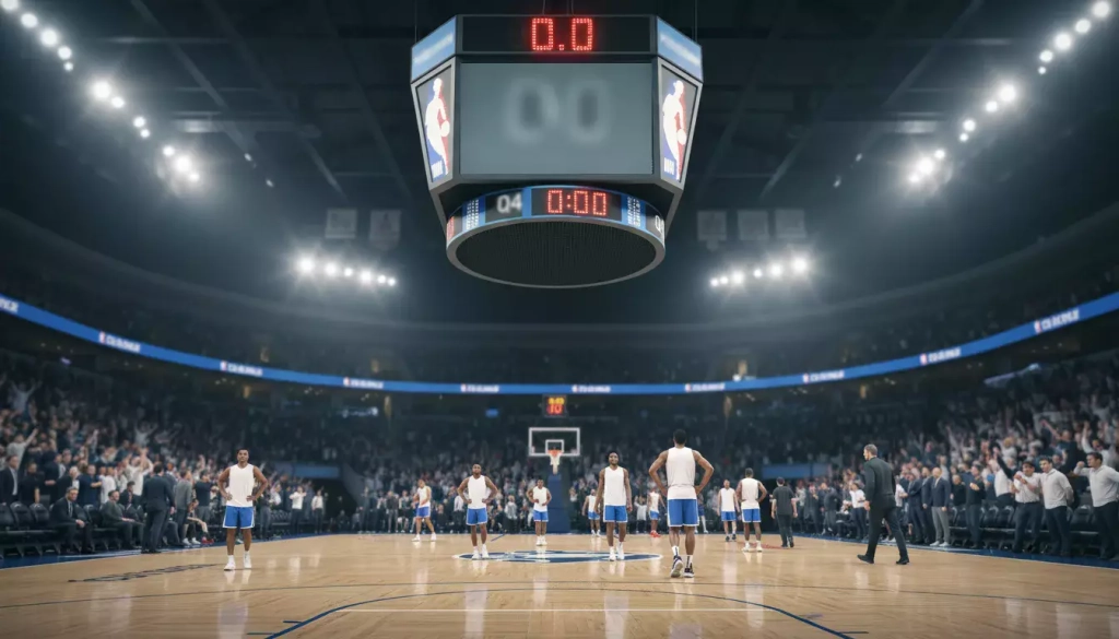 Reloj del partido de baloncesto marcando el final de un cuarto con jugadores en la pista