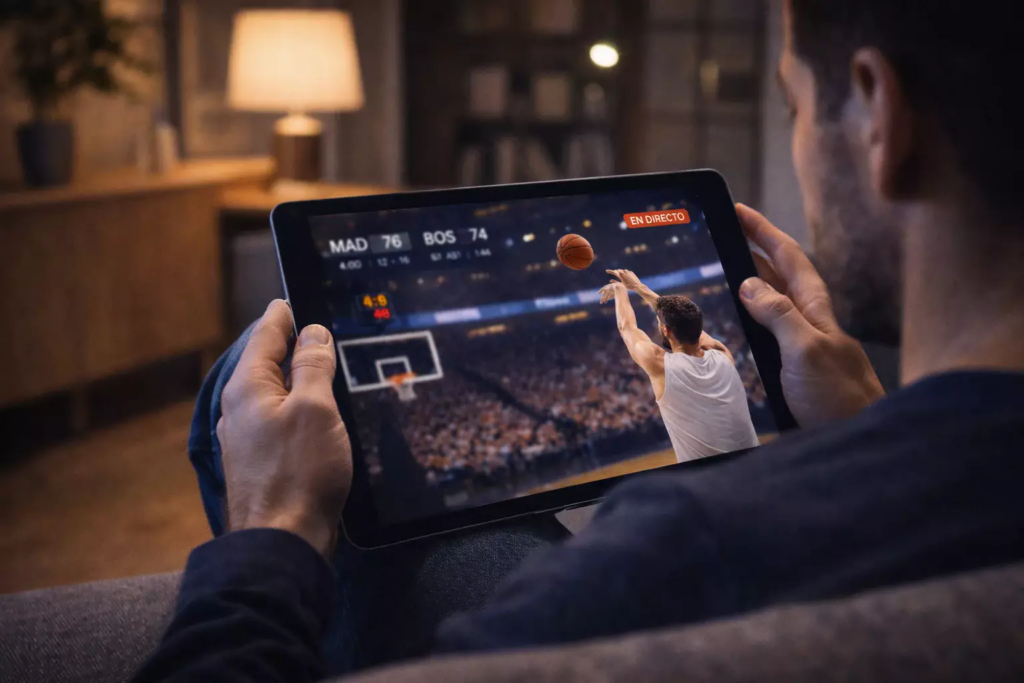 Aficionado viendo partido de baloncesto en directo desde tablet con estadísticas en pantalla