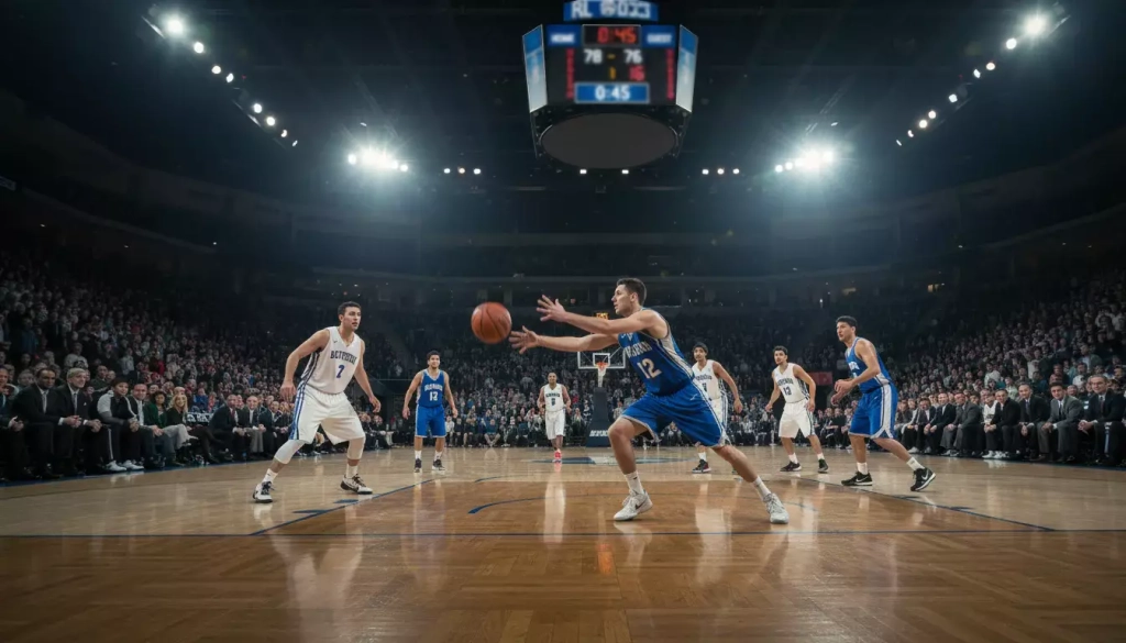 Partido de baloncesto en curso visto desde la grada con jugadores en acción y el marcador iluminado