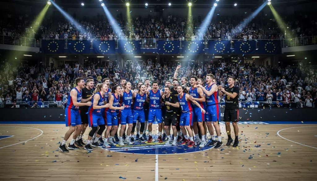 Selección de baloncesto celebrando una victoria en el Eurobasket con la bandera de su país