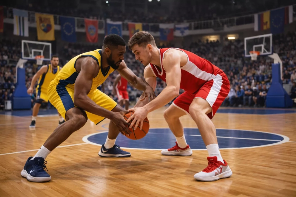 Partido de baloncesto de la Eurocup en un pabellón europeo con aficionados y pancartas de equipos