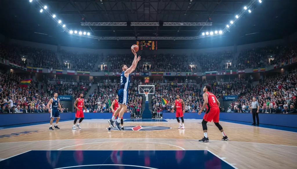 Jugadores de baloncesto disputando un partido de Euroliga en un pabellón europeo lleno de aficionados