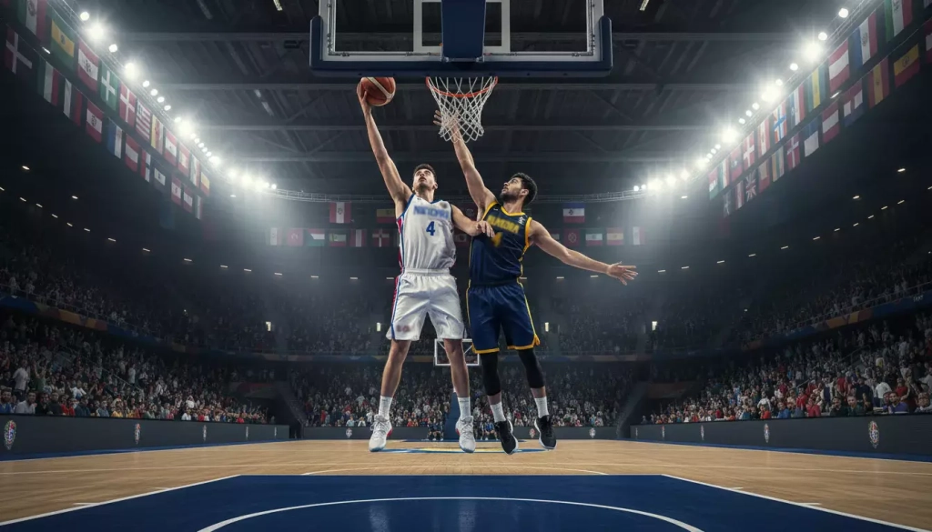 Selecciones nacionales de baloncesto compitiendo en un campeonato mundial FIBA con banderas en la grada