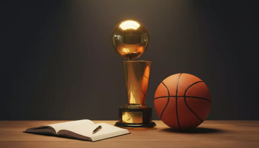 Trofeo de campeón de baloncesto iluminado sobre una mesa con un bloc de notas y un bolígrafo al lado