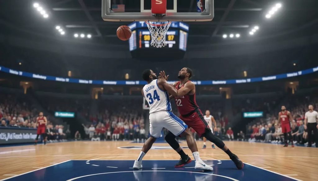 Jugador de baloncesto lanzando a canasta en un partido disputado con marcador ajustado