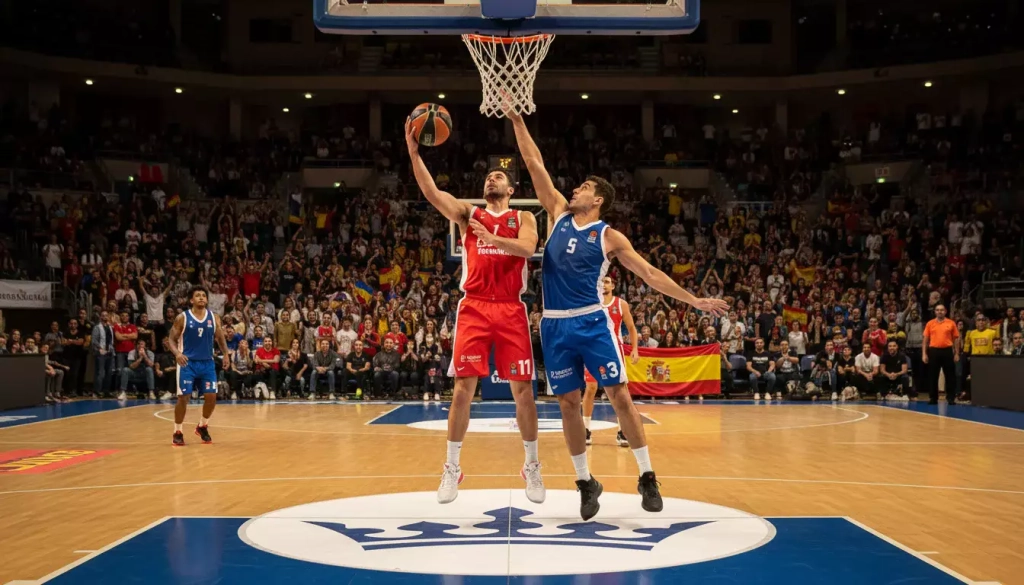 Partido de baloncesto de la Liga ACB en un pabellón español con ambiente vibrante