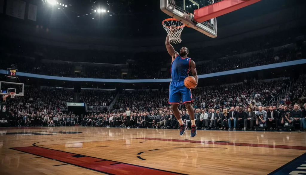 Jugador de baloncesto realizando un mate en un partido de la NBA con iluminación dramática