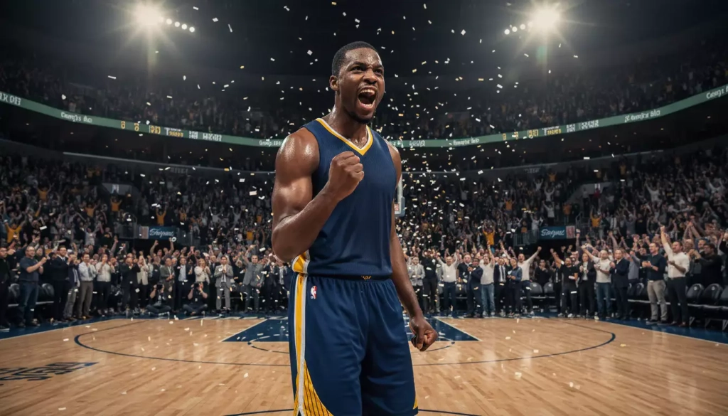 Jugador de baloncesto NBA celebrando una canasta decisiva durante un partido de playoffs con confeti