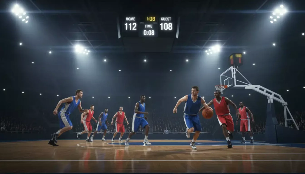 Marcador electrónico de un partido de baloncesto con jugadores en acción bajo los aros