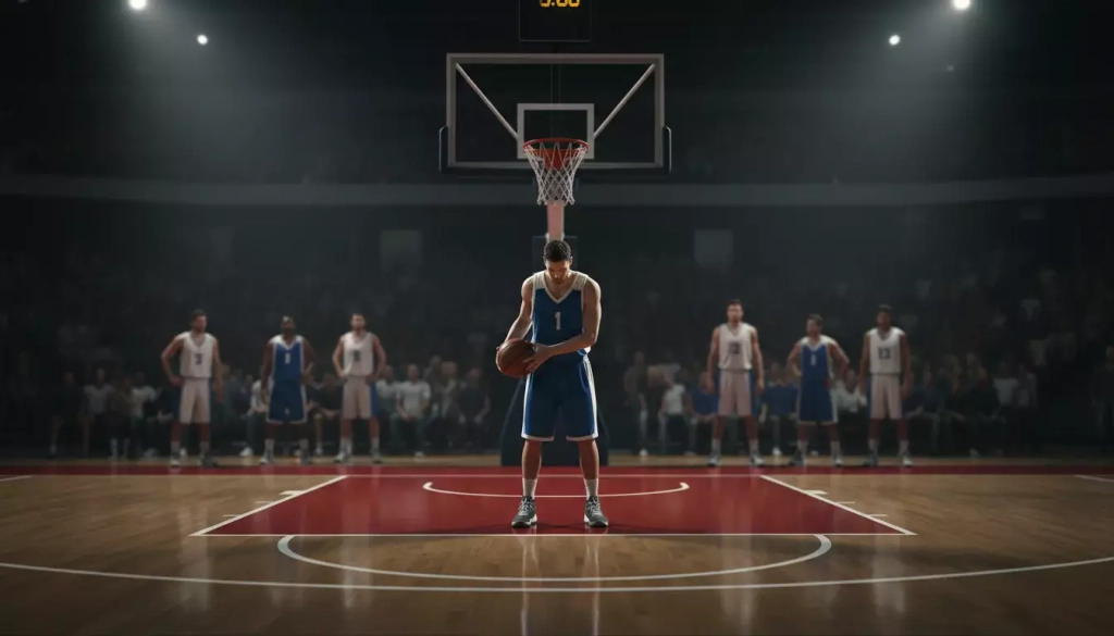 Jugador de baloncesto concentrado preparando un tiro libre en la línea de personal