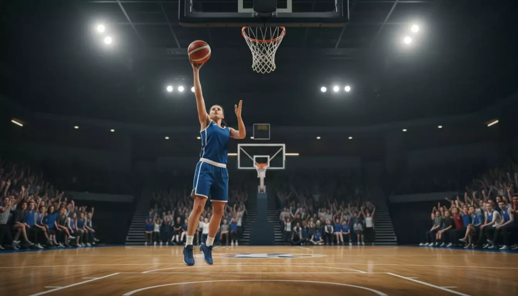 Jugadora de baloncesto femenino lanzando a canasta durante un partido de la WNBA con público animando