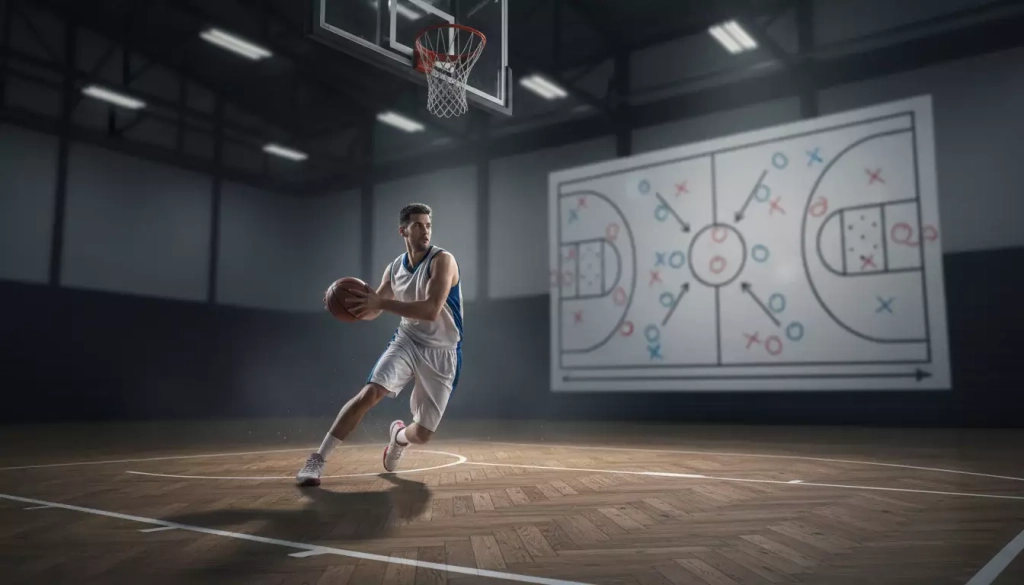 Jugador de baloncesto en plena acción con una pizarra táctica desenfocada al fondo del pabellón