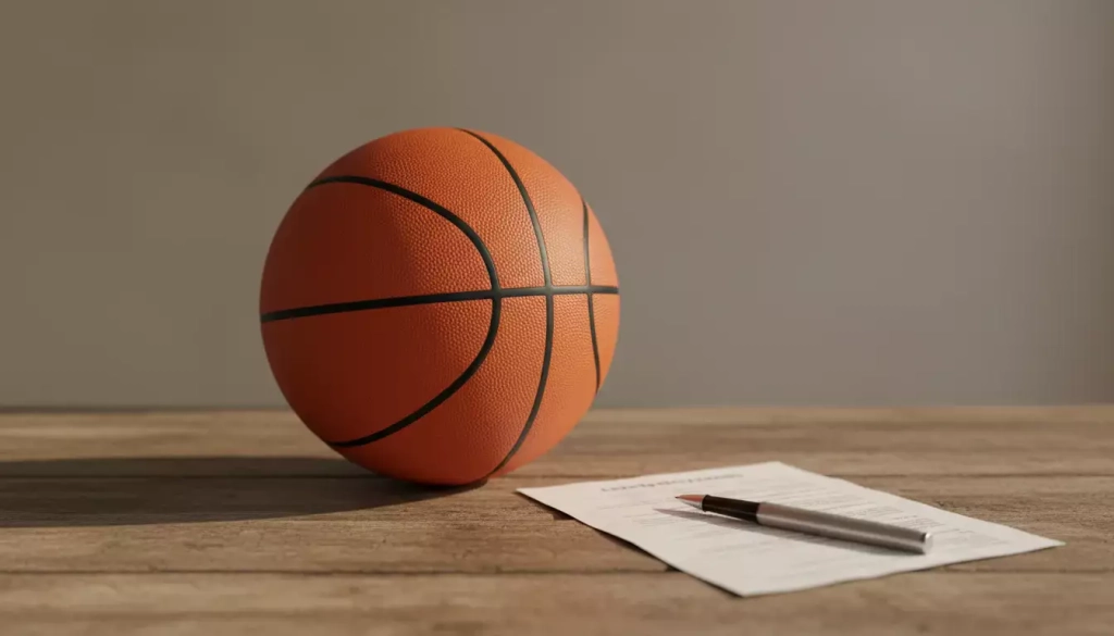 Balón de baloncesto sobre una mesa junto a un documento con condiciones de oferta y un bolígrafo
