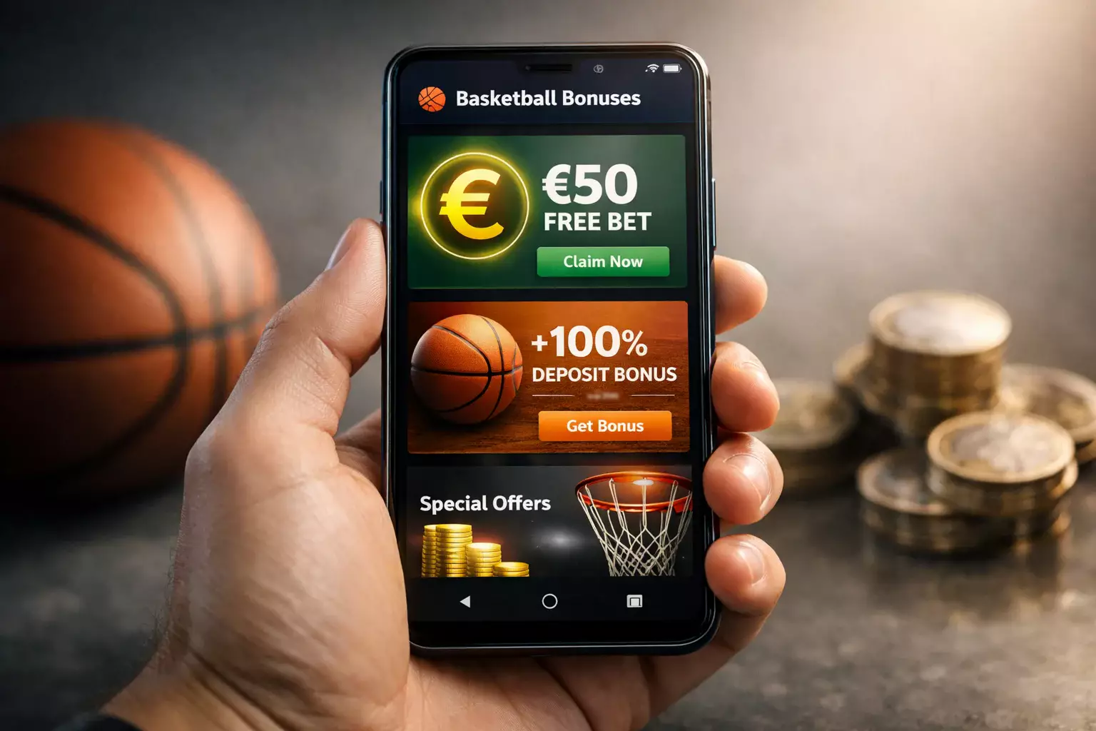 Smartphone mostrando promociones de apuestas deportivas con símbolo de euro y baloncesto