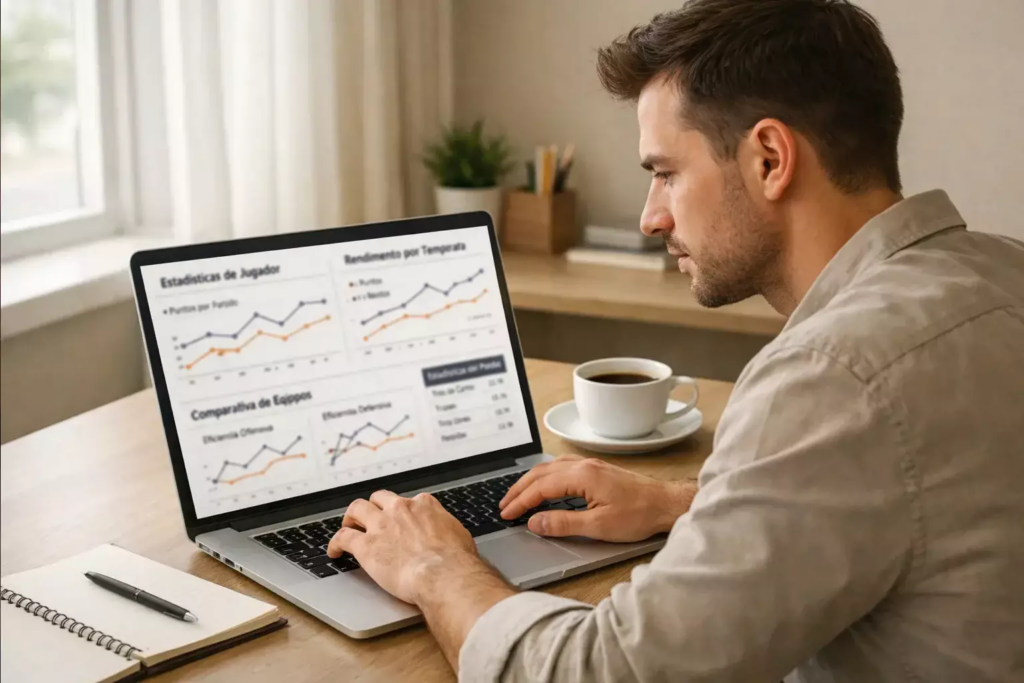 Persona analizando estadísticas de baloncesto en pantalla de ordenador portátil