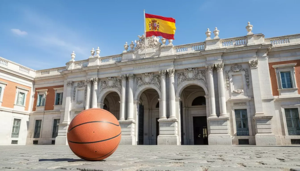 Edificio institucional español con una bandera de España y un balón de baloncesto en primer plano