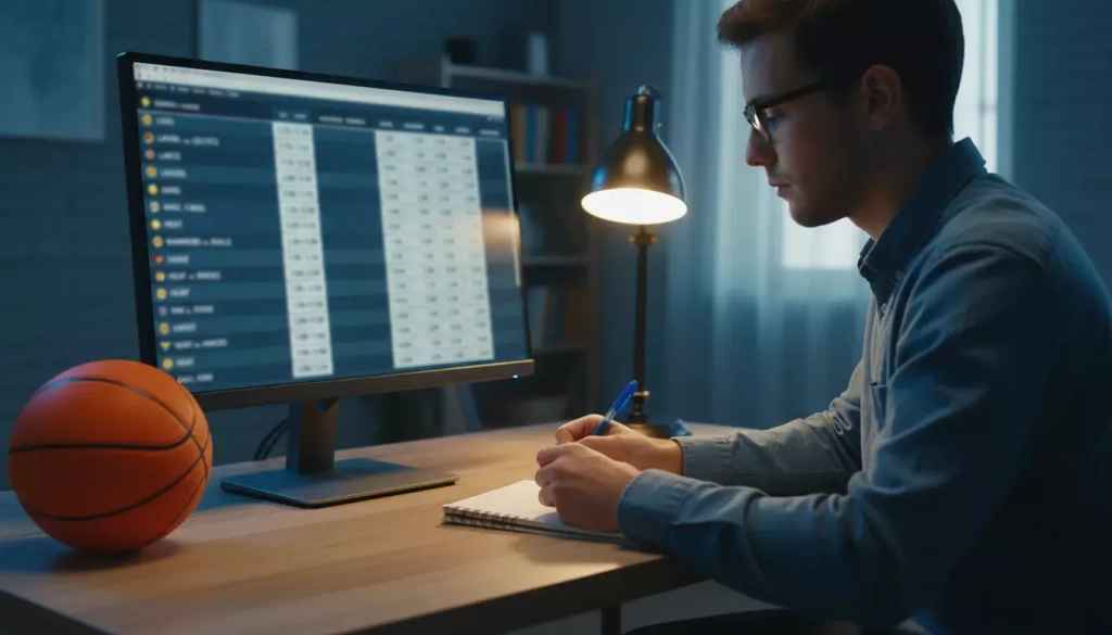 Pantalla de ordenador mostrando cuotas de apuestas de baloncesto con una persona tomando notas