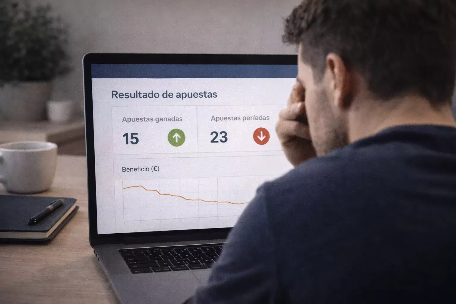 Persona pensativa frente al ordenador evaluando decisiones de apuestas deportivas