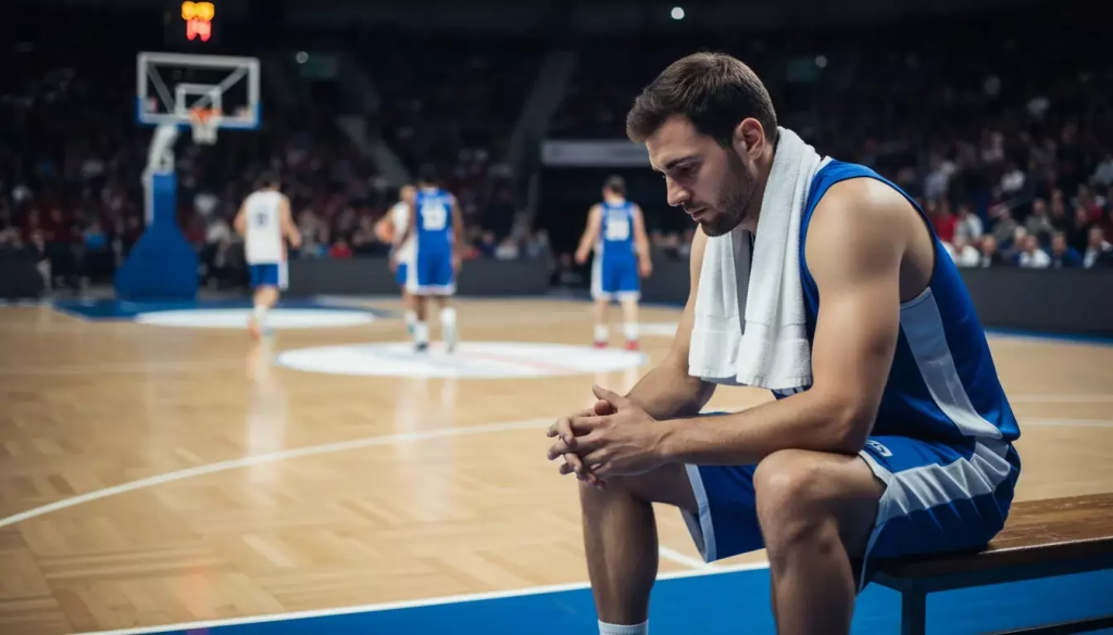 Jugador de baloncesto sentado en el banquillo con expresión pensativa durante un partido