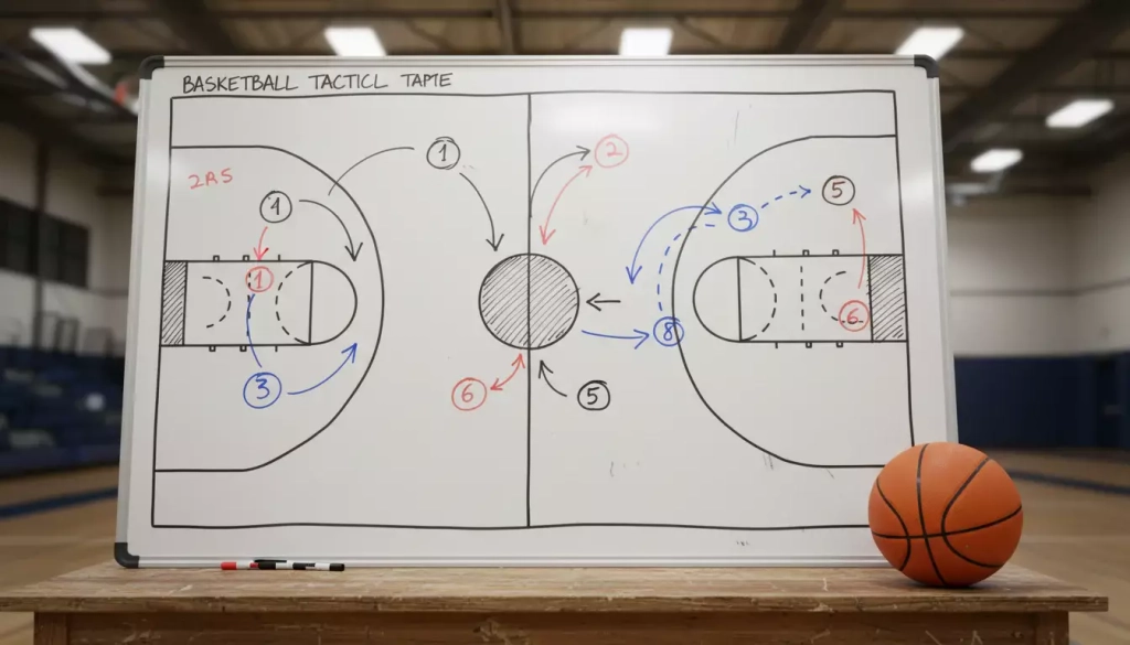 Pizarra táctica de baloncesto con esquemas de juego y un balón de baloncesto al lado