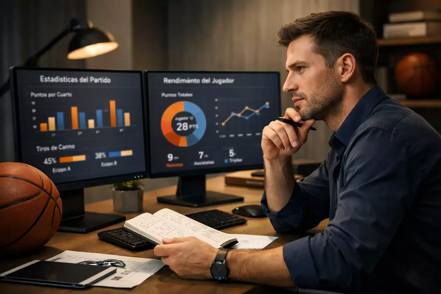 Analista deportivo estudiando estadísticas de baloncesto con gráficos en pantalla