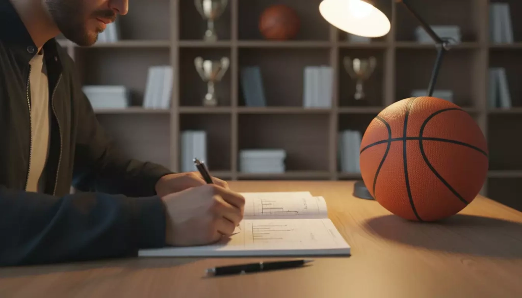 Persona analizando estadísticas de baloncesto en un cuaderno con gráficos simples junto a un balón