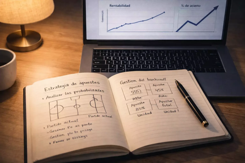 Cuaderno con anotaciones de análisis deportivo junto a portátil mostrando gráfico de rendimiento