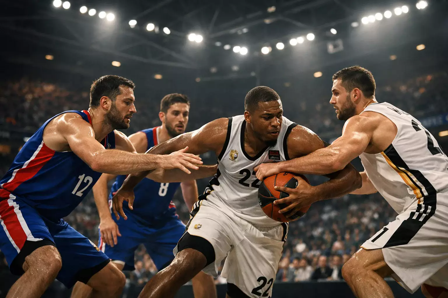 Partido de Euroliga con jugadores de élite europea compitiendo bajo los focos del pabellón