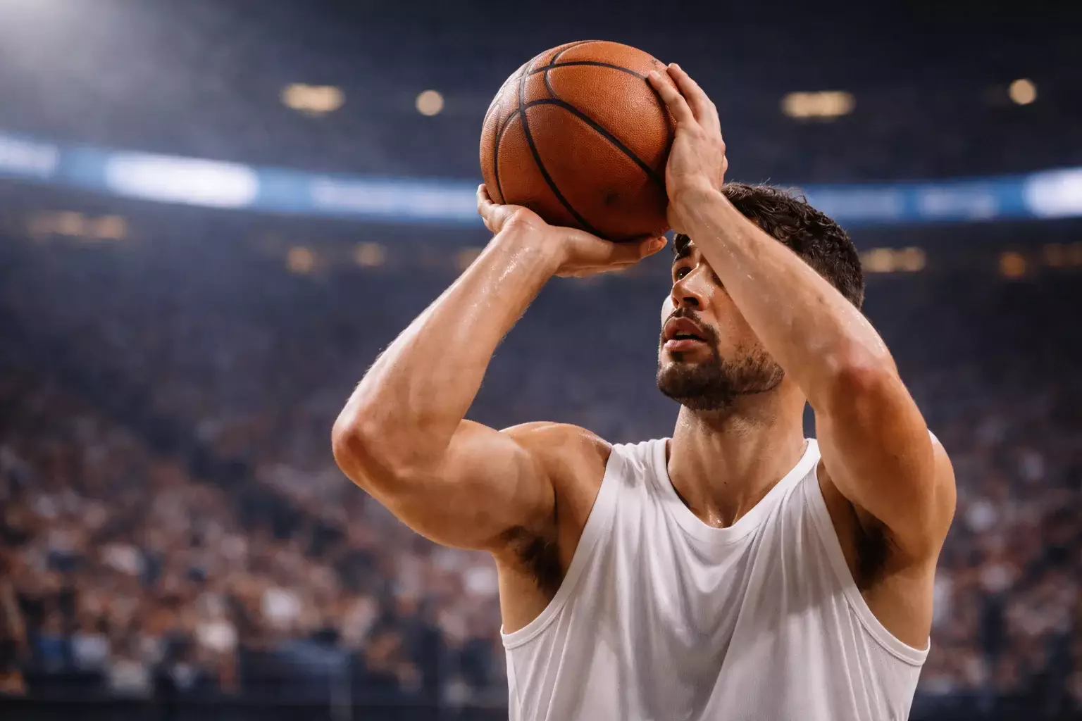 Jugador de Euroliga ejecutando un tiro libre con concentración durante partido decisivo