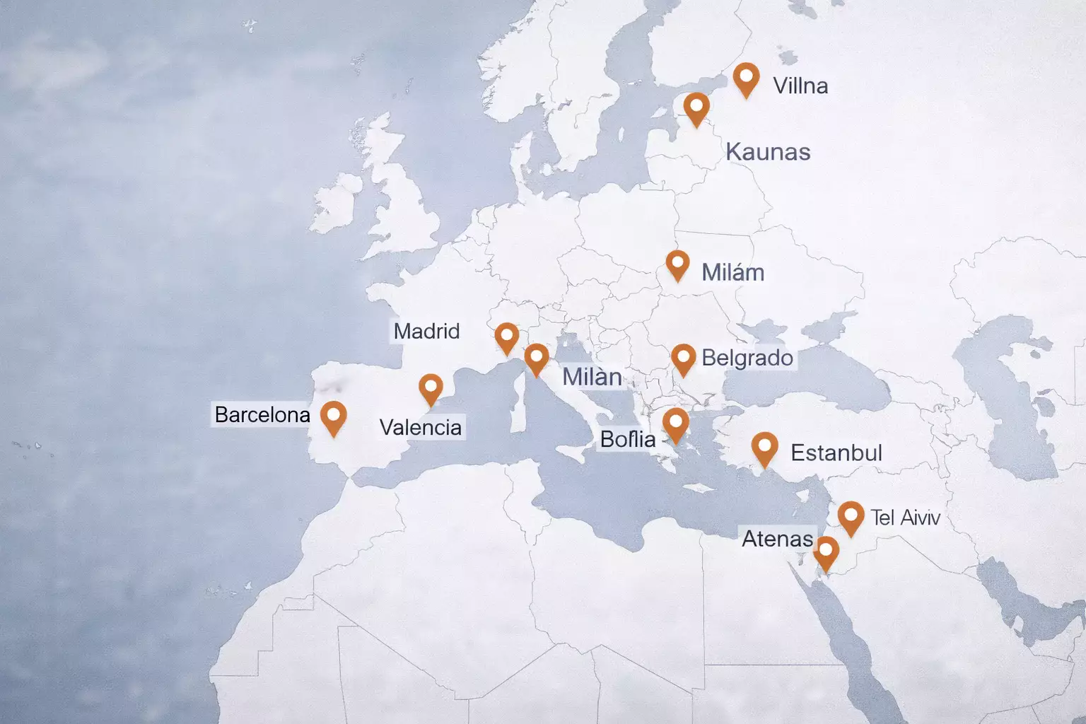 Mapa de Europa mostrando las ciudades sede de los equipos de Euroliga de baloncesto