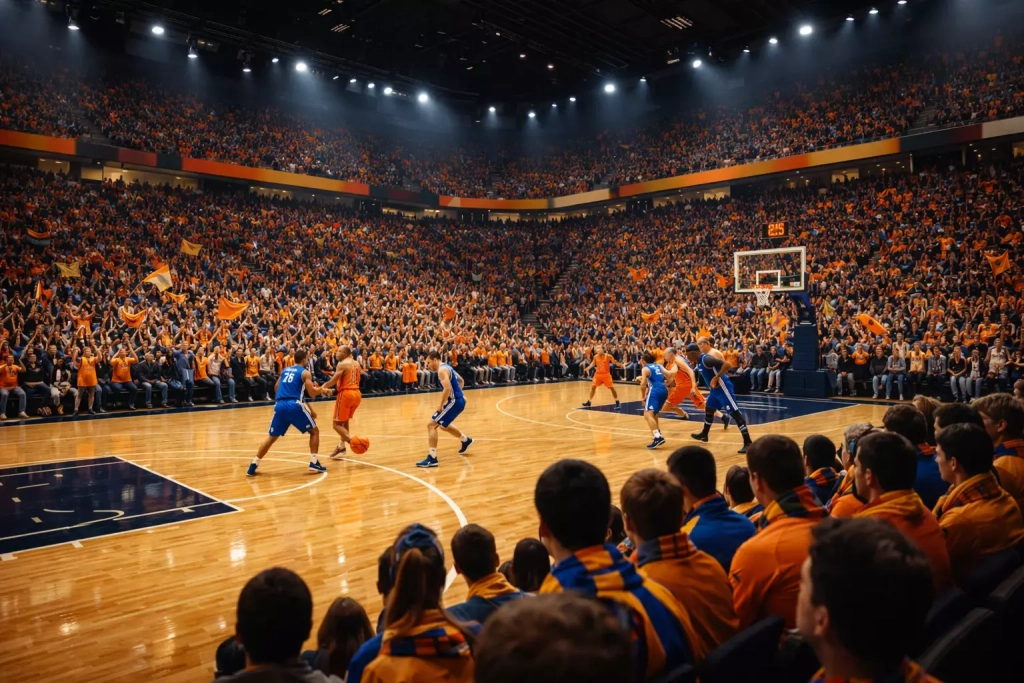Pabellón de baloncesto lleno de aficionados locales animando a su equipo durante un partido nocturno