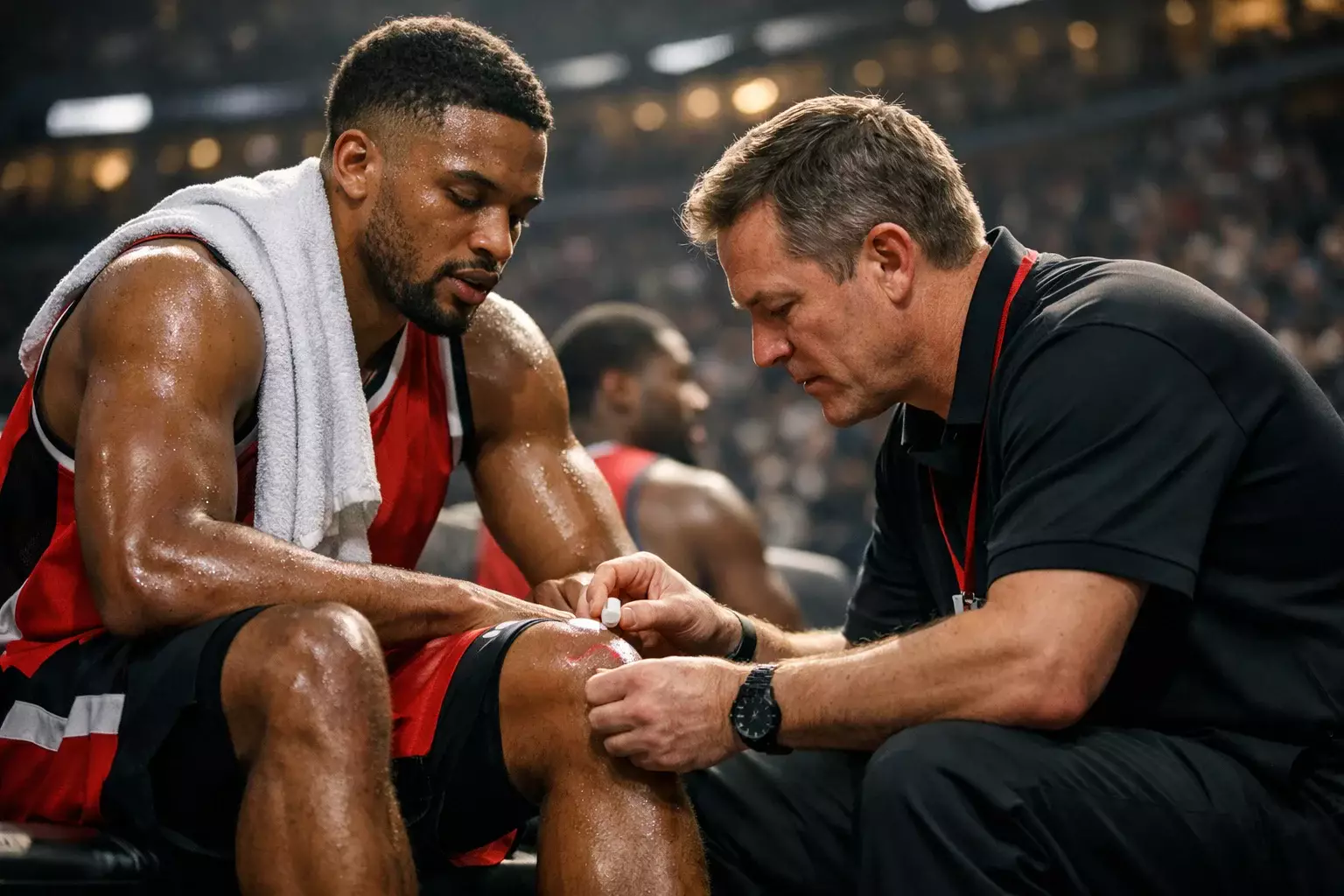 Jugador de baloncesto recibiendo atención médica en el banquillo por una lesión menor