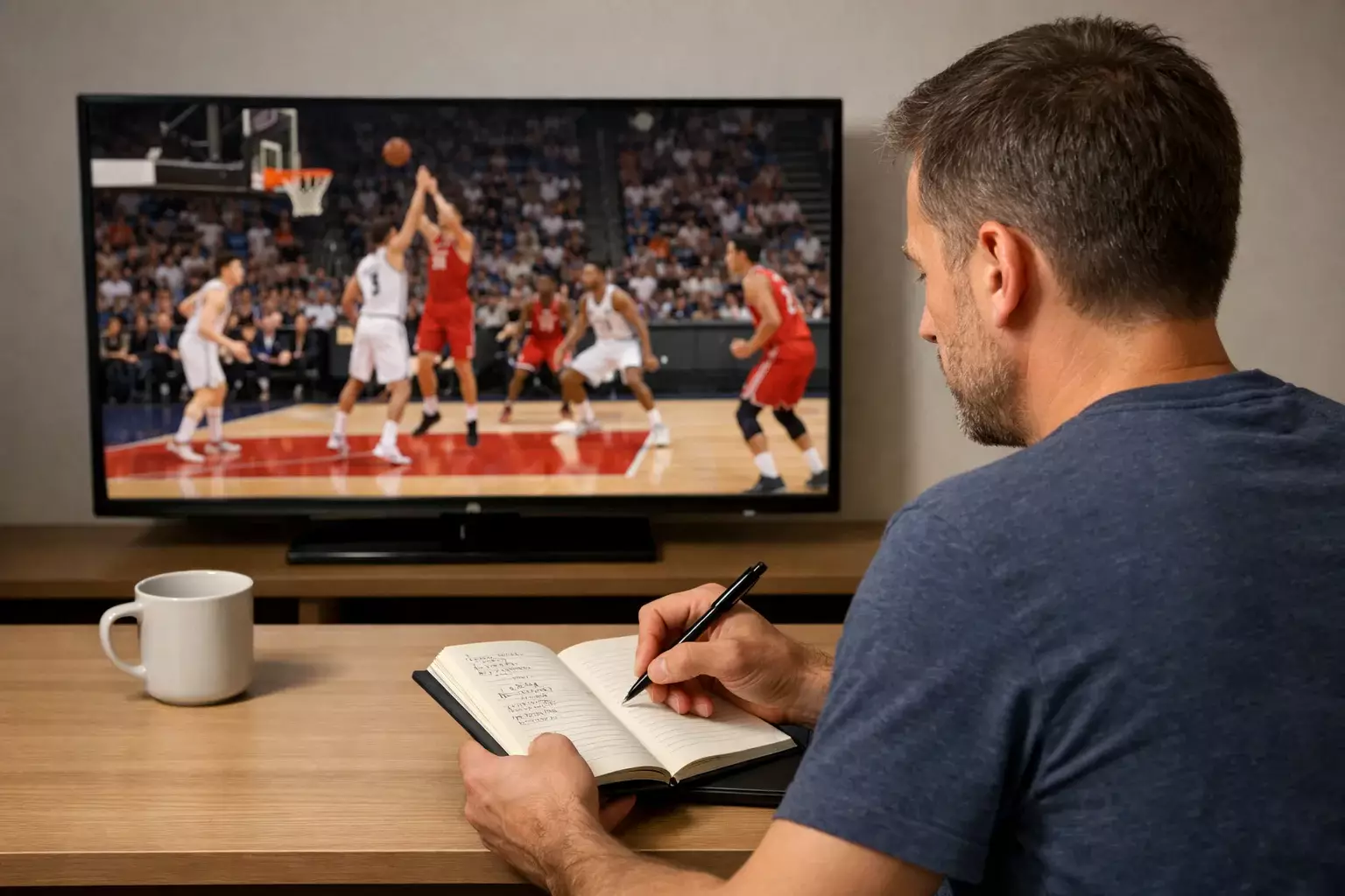 Persona concentrada tomando notas mientras analiza un partido de baloncesto en televisión