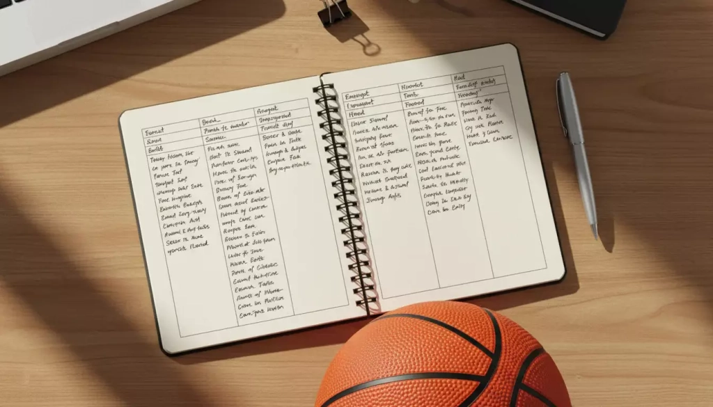 Cuaderno abierto con anotaciones de apuestas y un bolígrafo sobre una mesa de madera con un balón de baloncesto