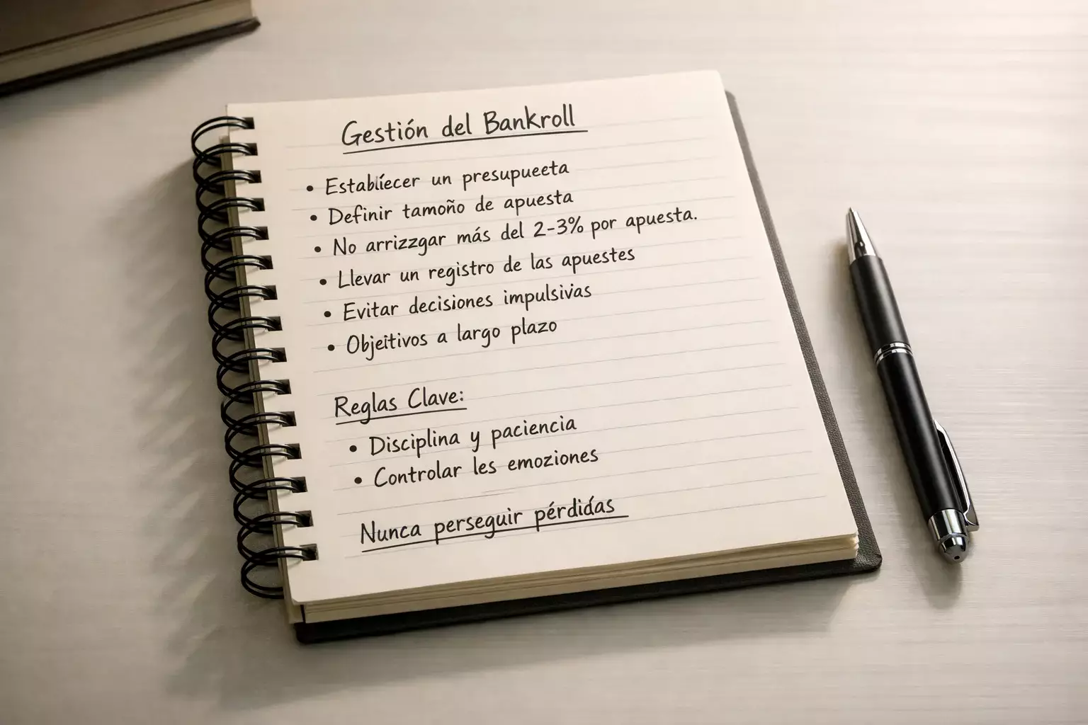 Libreta con anotaciones de apuestas deportivas junto a un bolígrafo sobre escritorio
