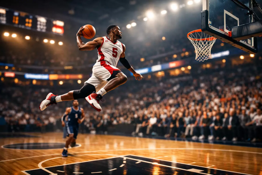 Partido de baloncesto profesional en pabellón iluminado con aficionados en las gradas