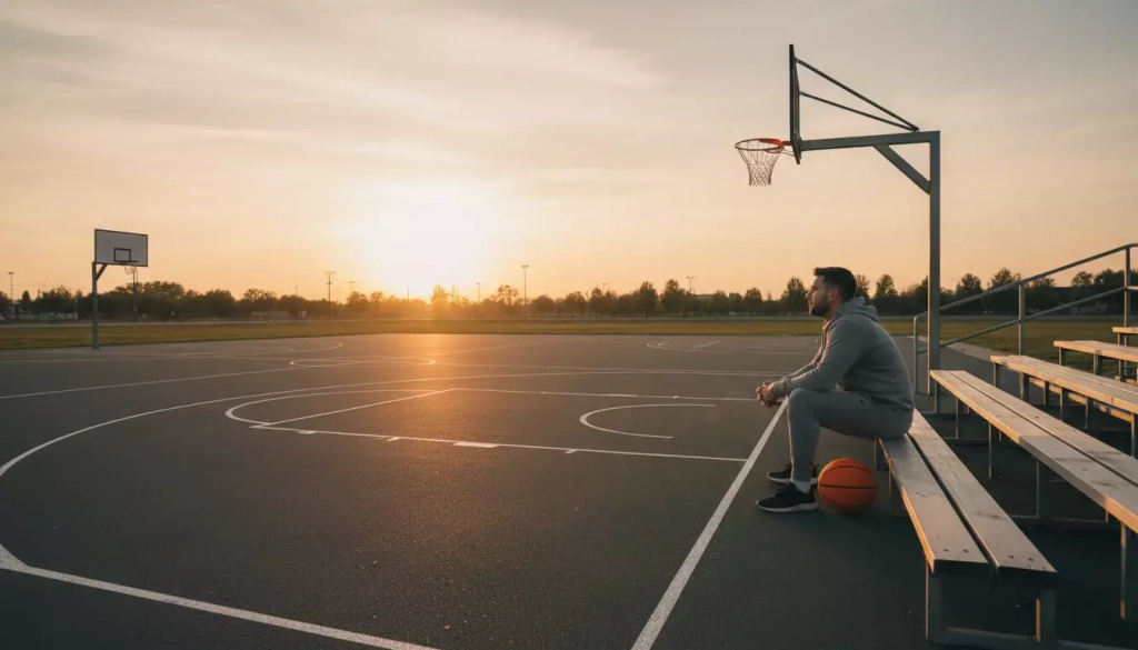 Persona reflexionando tranquilamente sentada junto a una cancha de baloncesto vacía al atardecer