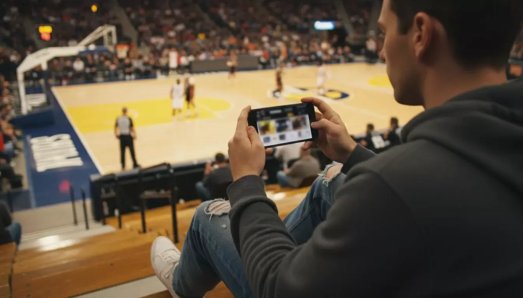 Persona sosteniendo un smartphone mientras ve un partido de baloncesto en un pabellón deportivo