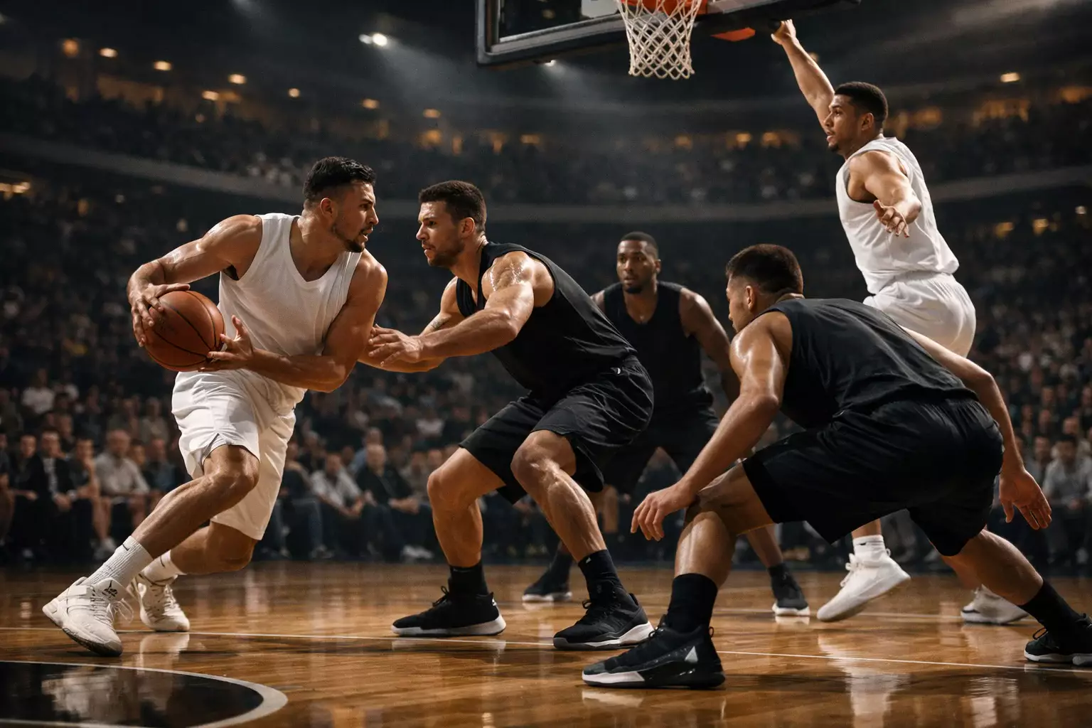 Partido de baloncesto NBA con jugadores en acción en una cancha profesional iluminada
