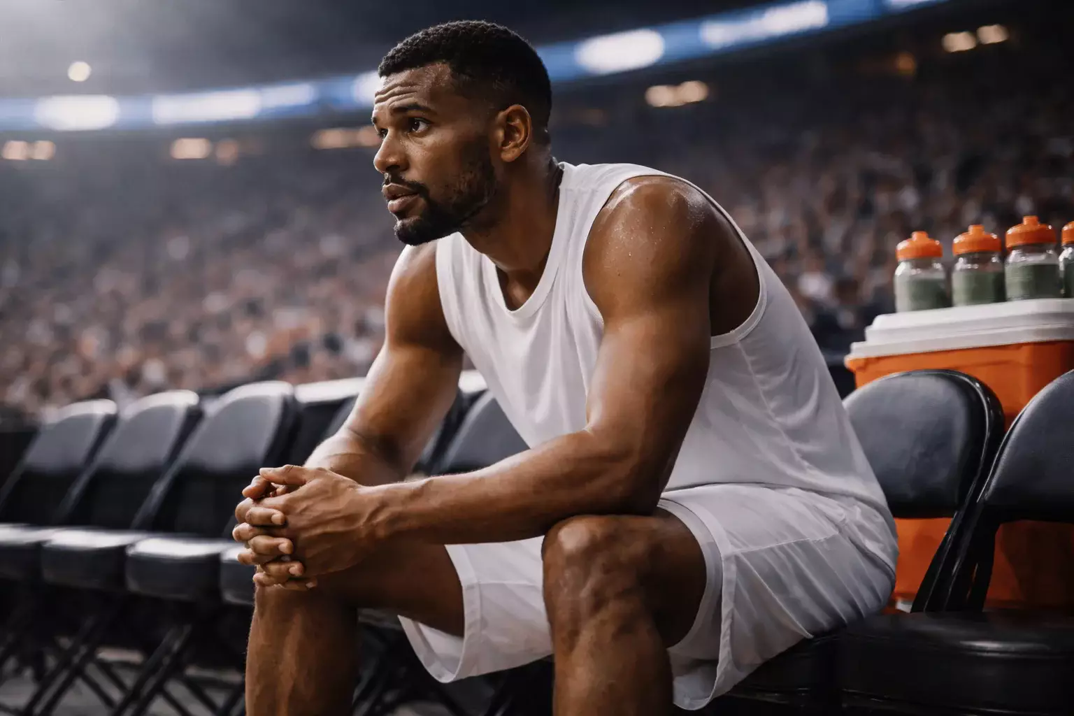 Jugador de baloncesto NBA preparándose en el banquillo antes de entrar al partido