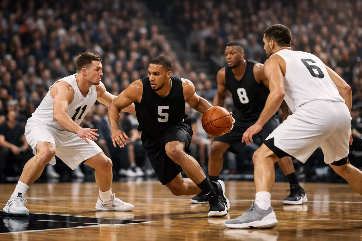 Jugadores de baloncesto NBA durante un partido de playoffs con público en las gradas